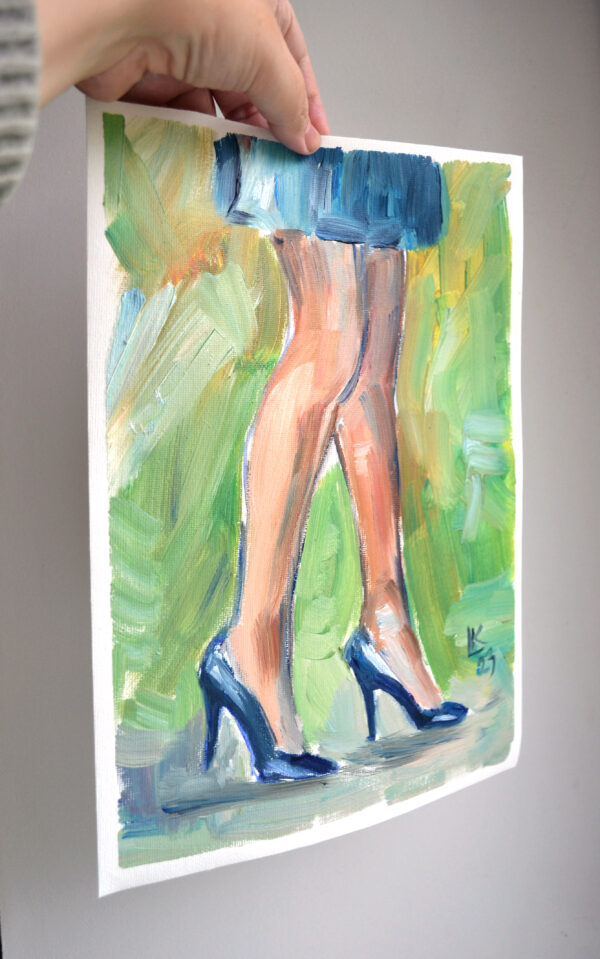 Expressive oil painting by Lada Kholosho: graceful legs in blue heels, vibrant brushstrokes, dynamic contrast. Unique figurative art. One-of-a-kind artwork.
