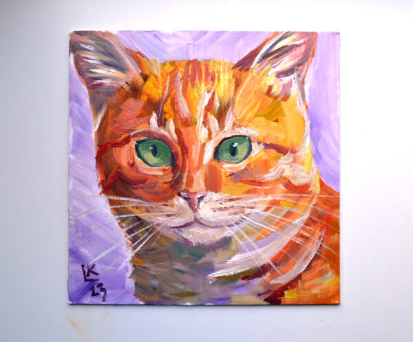 Original oil painting of a ginger tabby cat by Lada Kholosho. One-of-a-kind 25x25 cm artwork on canvas board, signed and includes a certificate of authenticity. Unframed, 2023.