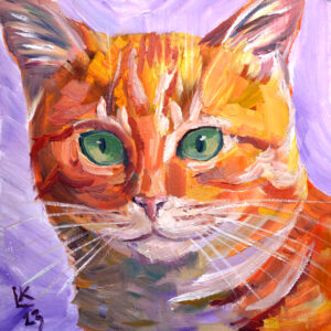 Original oil painting of a ginger tabby cat by Lada Kholosho. One-of-a-kind 25x25 cm artwork on canvas board, signed and includes a certificate of authenticity. Unframed, 2023.