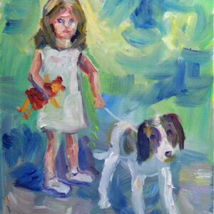 Original oil painting: Little Girl with Doll and Dog. Evocative childhood scene on unstretched canvas. Expressive, tender, and nostalgic