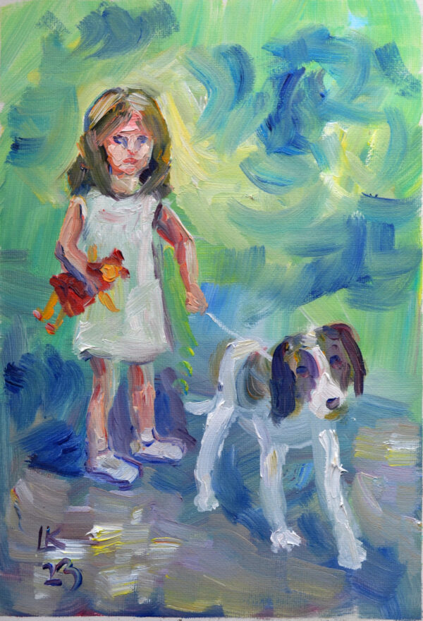 Original oil painting: Little Girl with Doll and Dog. Evocative childhood scene on unstretched canvas. Expressive, tender, and nostalgic