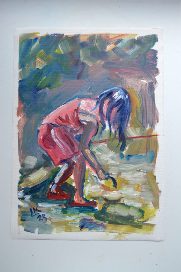 Little girl fishing on the river summer day. Oil on canvas. - Image 2