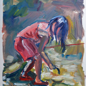 Little girl fishing on the river summer day. Oil on canvas.