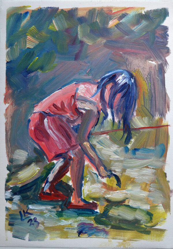 Little girl fishing on the river summer day. Oil on canvas.