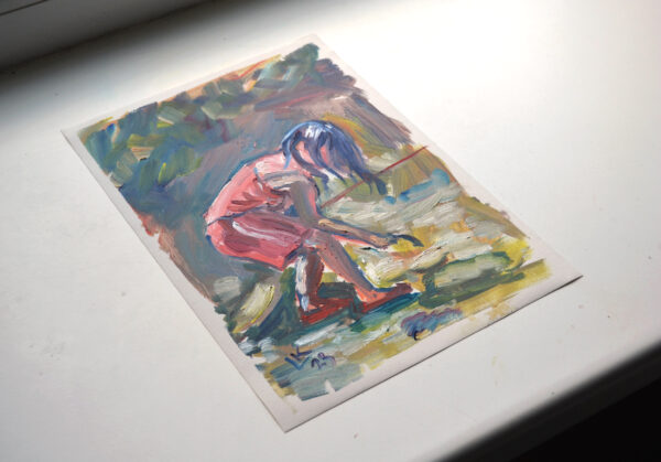 Little girl fishing on the river summer day. Oil on canvas. - Image 4