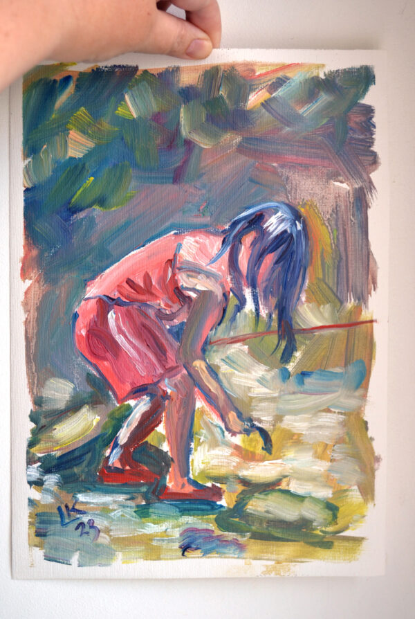 Little girl fishing on the river summer day. Oil on canvas. - Image 3