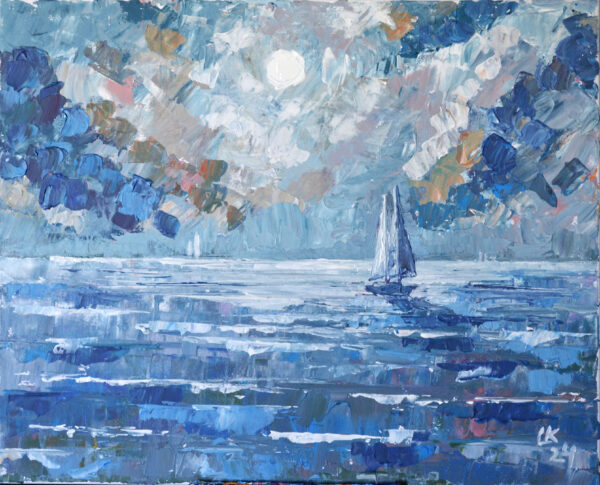 Calm seascape with sailboat original acrylic painting on canvas