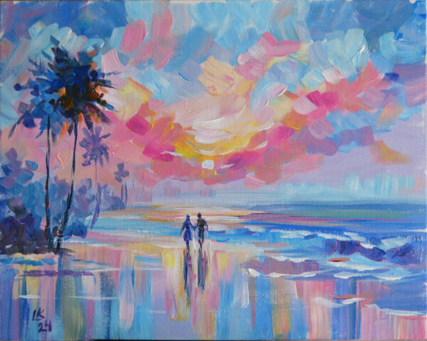 Romantic sunset walk by the ocean, captured in a vibrant acrylic painting. Soft pastel hues and expressive brushstrokes convey tranquility and love. Original by Lada Kholosho