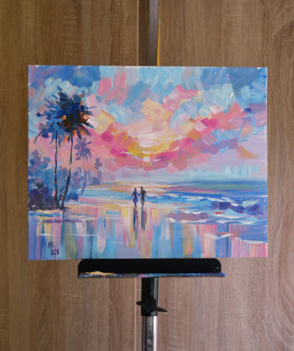Romantic sunset walk by the ocean, captured in a vibrant acrylic painting. Soft pastel hues and expressive brushstrokes convey tranquility and love. Original by Lada Kholosho