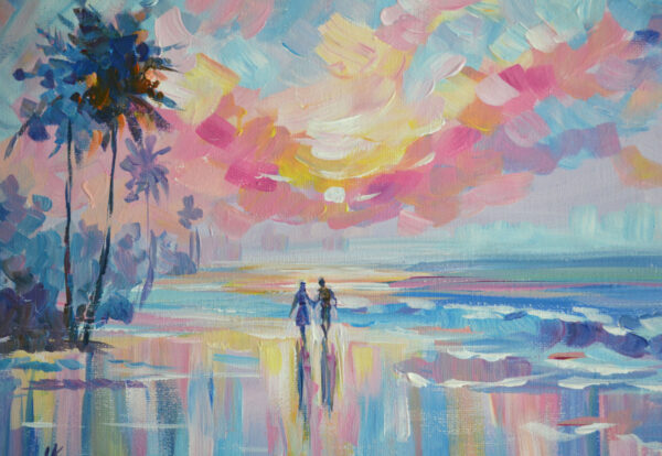 Romantic sunset walk by the ocean, captured in a vibrant acrylic painting. Soft pastel hues and expressive brushstrokes convey tranquility and love. Original by Lada Kholosho
