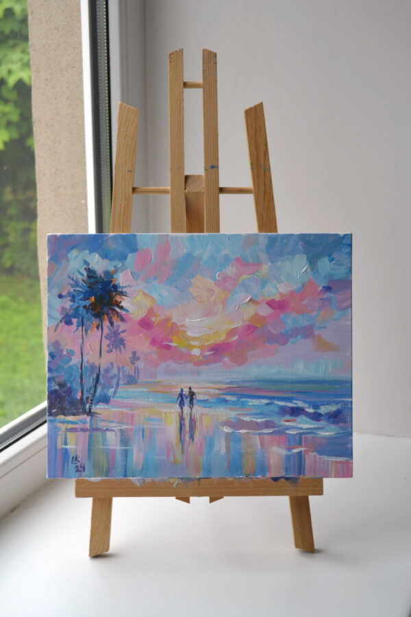 Romantic sunset walk by the ocean, captured in a vibrant acrylic painting. Soft pastel hues and expressive brushstrokes convey tranquility and love. Original by Lada Kholosho