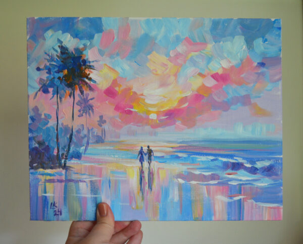 Romantic sunset walk by the ocean, captured in a vibrant acrylic painting. Soft pastel hues and expressive brushstrokes convey tranquility and love. Original by Lada Kholosho