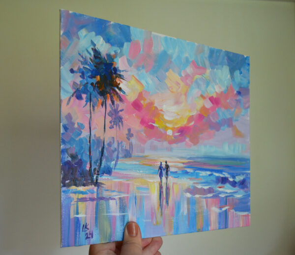 Romantic sunset walk by the ocean, captured in a vibrant acrylic painting. Soft pastel hues and expressive brushstrokes convey tranquility and love. Original by Lada Kholosho