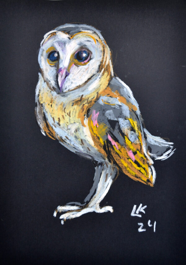 Expressive oil painting of a Barn Owl by Lada Kholosho. One-of-a-kind artwork, unframed, signed, with a certificate. Ships worldwide.