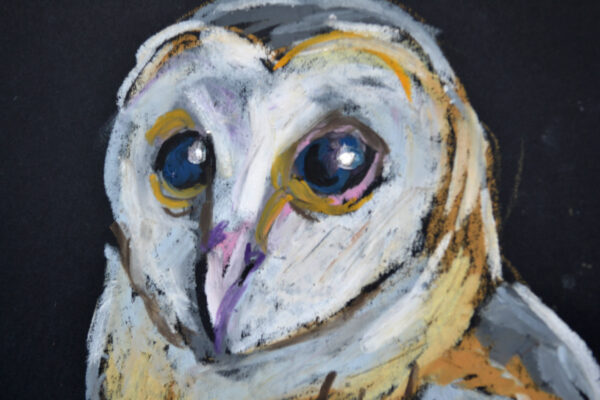 Expressive oil painting of a Barn Owl by Lada Kholosho. One-of-a-kind artwork, unframed, signed, with a certificate. Ships worldwide.