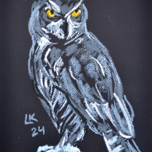 Original oil pastel painting "Great Horned Owl on Black" by Lada Kholosho – bold and dynamic wildlife art, featuring a fierce owl with piercing yellow eyes against a deep black background.