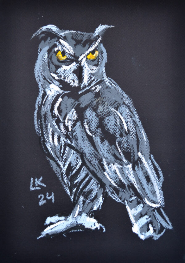 Original oil pastel painting "Great Horned Owl on Black" by Lada Kholosho – bold and dynamic wildlife art, featuring a fierce owl with piercing yellow eyes against a deep black background.