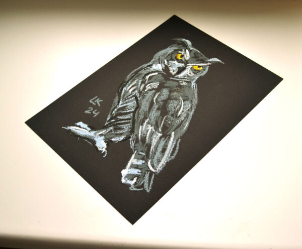 Original oil pastel painting "Great Horned Owl on Black" by Lada Kholosho – bold and dynamic wildlife art, featuring a fierce owl with piercing yellow eyes against a deep black background.