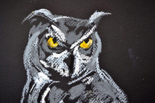 Original oil pastel painting "Great Horned Owl on Black" by Lada Kholosho – bold and dynamic wildlife art, featuring a fierce owl with piercing yellow eyes against a deep black background.