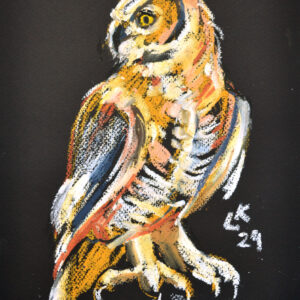 Original oil pastel painting "Great Horned Owl in Profile" by Lada Kholosho – bold wildlife art showcasing a majestic owl with vibrant colors against a deep black background.