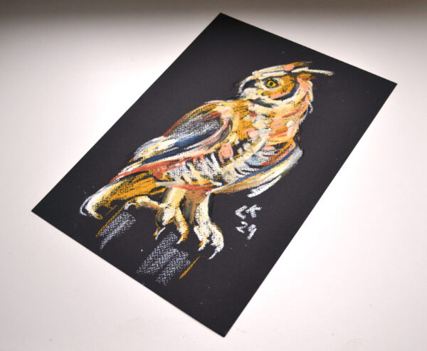 Original oil pastel painting "Great Horned Owl in Profile" by Lada Kholosho – bold wildlife art showcasing a majestic owl with vibrant colors against a deep black background.