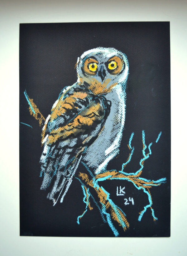 Original oil pastel painting "Owl on a Branch" by Lada Kholosho – expressive wildlife art featuring a curious owl with vivid yellow eyes against a deep, dark background.