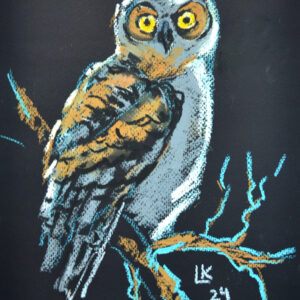 Original oil pastel painting "Owl on a Branch" by Lada Kholosho – expressive wildlife art featuring a curious owl with vivid yellow eyes against a deep, dark background.
