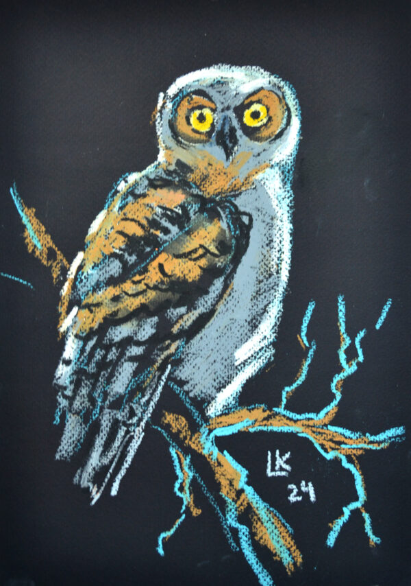 Original oil pastel painting "Owl on a Branch" by Lada Kholosho – expressive wildlife art featuring a curious owl with vivid yellow eyes against a deep, dark background.