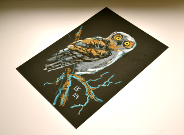 Original oil pastel painting "Owl on a Branch" by Lada Kholosho – expressive wildlife art featuring a curious owl with vivid yellow eyes against a deep, dark background.