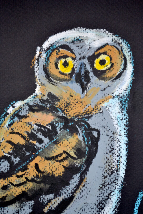 Original oil pastel painting "Owl on a Branch" by Lada Kholosho – expressive wildlife art featuring a curious owl with vivid yellow eyes against a deep, dark background.
