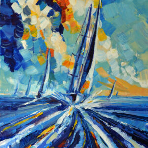 Original acrylic painting on stretched canvas. Seascape with sailboat. Hand painted and signed by artist Lada Kholosho