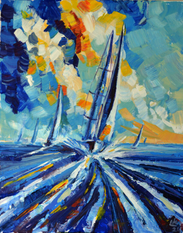 Original acrylic painting on stretched canvas. Seascape with sailboat. Hand painted and signed by artist Lada Kholosho