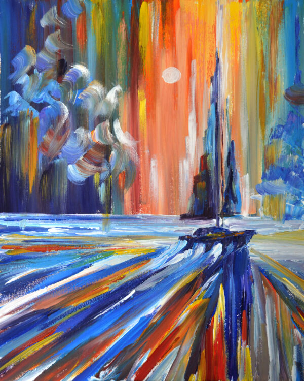 Original acrylic painting on stretched canvas. Seascape with sailboat. Hand painted and signed by artist Lada Kholosho