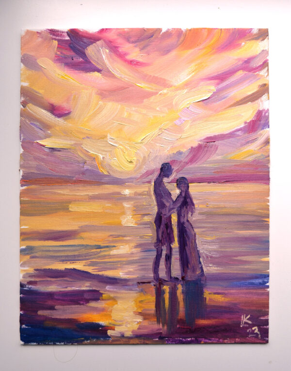 Romantic sunset oil painting: a couple embracing by the sea, bathed in warm, vibrant hues. Expressive brushstrokes capture love and tranquility.