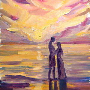 Romantic sunset oil painting: a couple embracing by the sea, bathed in warm, vibrant hues. Expressive brushstrokes capture love and tranquility.