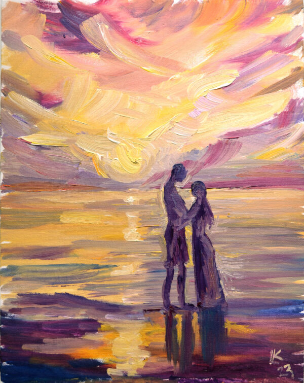 Romantic sunset oil painting: a couple embracing by the sea, bathed in warm, vibrant hues. Expressive brushstrokes capture love and tranquility.