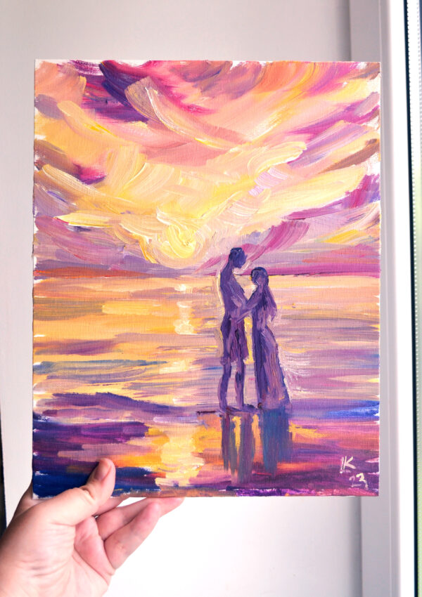 Romantic sunset oil painting: a couple embracing by the sea, bathed in warm, vibrant hues. Expressive brushstrokes capture love and tranquility.