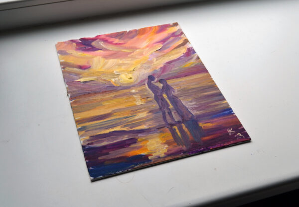 Romantic couple on the sunset beach. Oil on canvas. - Image 2
