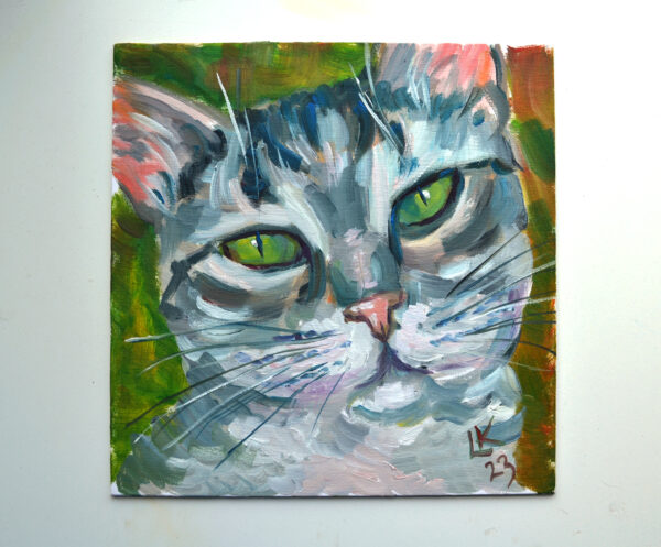 Gray tabby cat with green eyes. Oil on canvas. - Image 2