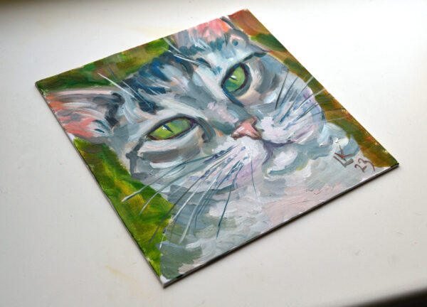 Gray tabby cat with green eyes. Oil on canvas. - Image 3