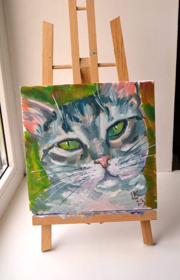 Gray tabby cat with green eyes. Oil on canvas. - Image 4