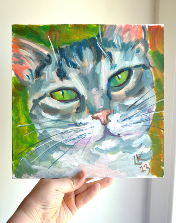 Gray tabby cat with green eyes. Oil on canvas. - Image 5