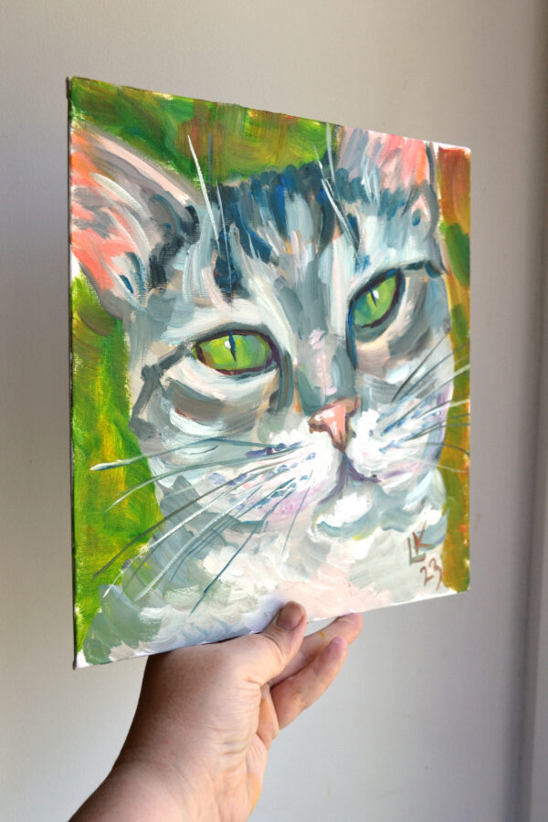 Gray tabby cat with green eyes. Oil on canvas. - Image 6