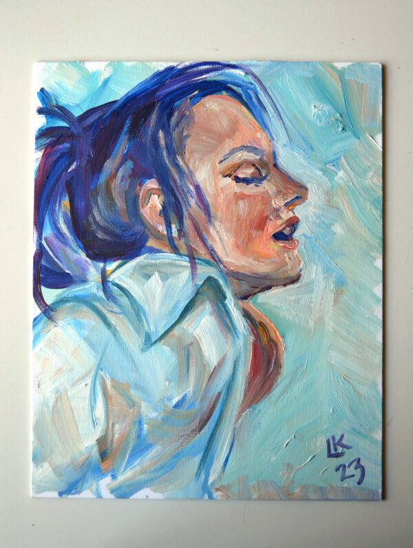 Serene oil painting by Lada Kholosho: a tranquil portrait capturing a moment of introspection. Soft blue tones, expressive brushstrokes. One-of-a-kind artwork.