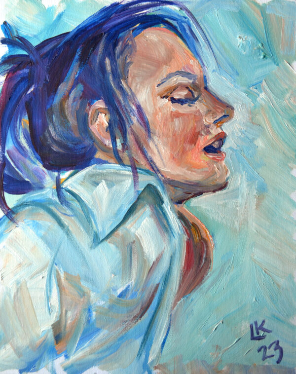 Serene oil painting by Lada Kholosho: a tranquil portrait capturing a moment of introspection. Soft blue tones, expressive brushstrokes. One-of-a-kind artwork.
