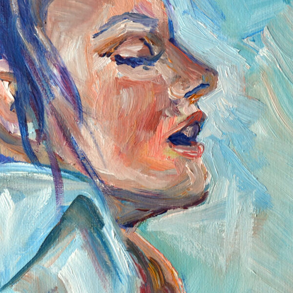 Serene oil painting by Lada Kholosho: a tranquil portrait capturing a moment of introspection. Soft blue tones, expressive brushstrokes. One-of-a-kind artwork.