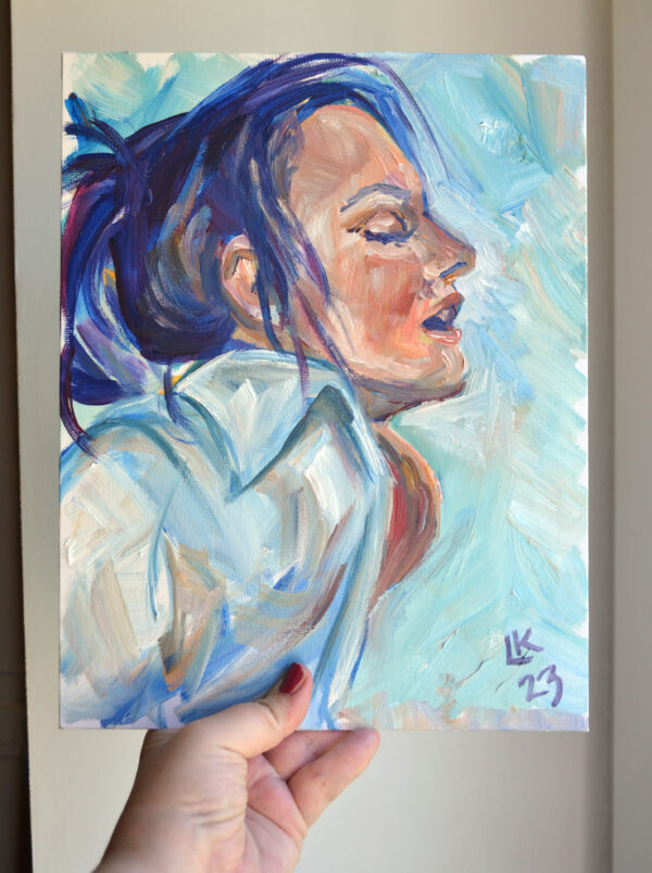 Serene oil painting by Lada Kholosho: a tranquil portrait capturing a moment of introspection. Soft blue tones, expressive brushstrokes. One-of-a-kind artwork.