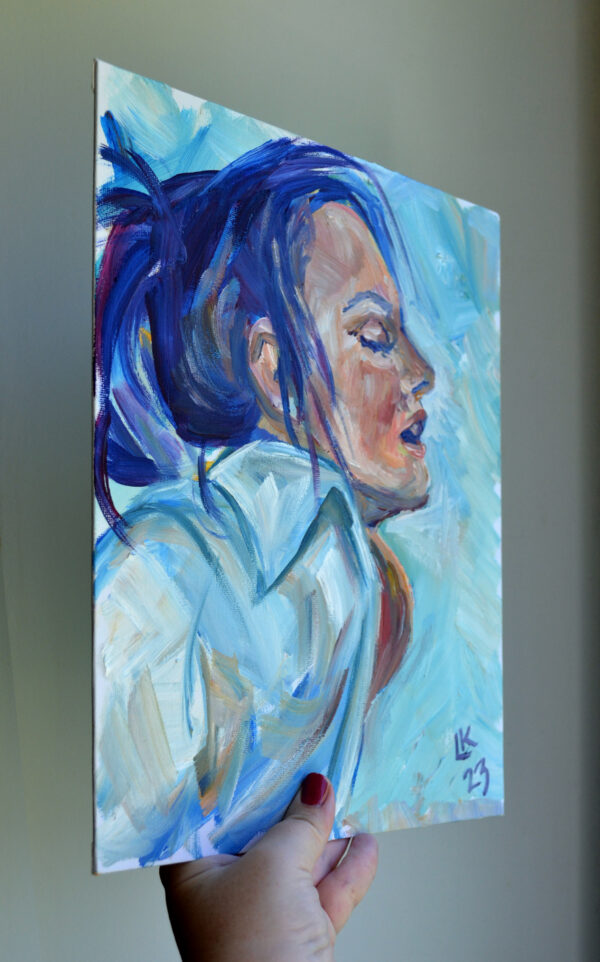 Serene oil painting by Lada Kholosho: a tranquil portrait capturing a moment of introspection. Soft blue tones, expressive brushstrokes. One-of-a-kind artwork.