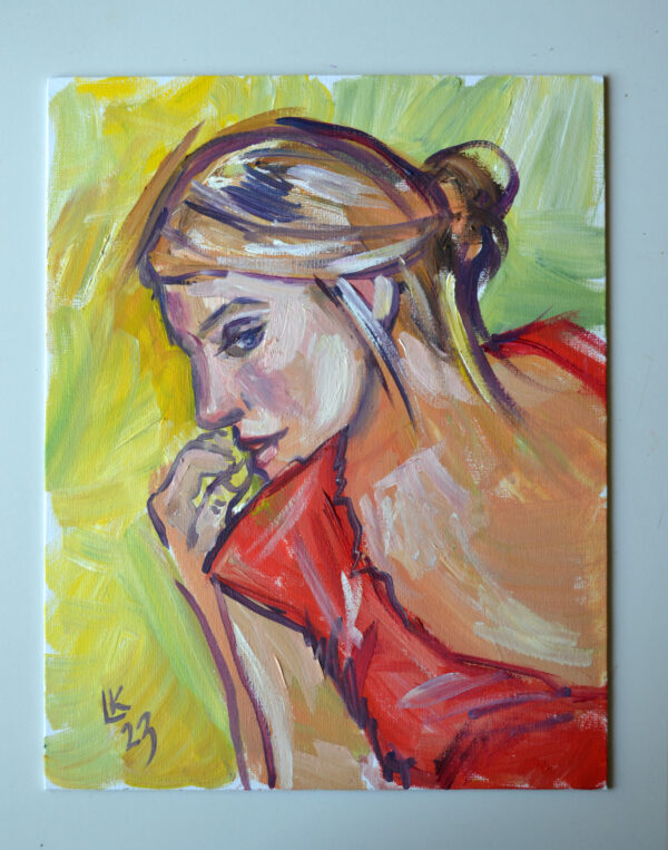 Expressive oil painting by Lada Kholosho: a thoughtful woman in vibrant colors. Bold brushstrokes capture contemplation and emotion. One-of-a-kind artwork.