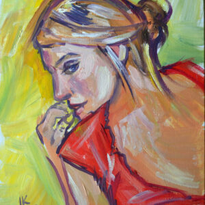Expressive oil painting by Lada Kholosho: a thoughtful woman in vibrant colors. Bold brushstrokes capture contemplation and emotion. One-of-a-kind artwork.